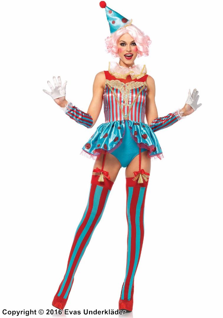 Cirkus-clown, maskerad-teddy med skimrande prickar och spetsöverdrag, ränder